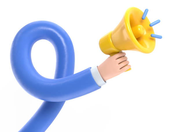 istock Cartoon Gesture Icon Mockup.3d hand holding yellow megaphone realistic icon,3D rendering on white background.long arms concept. 1980155370