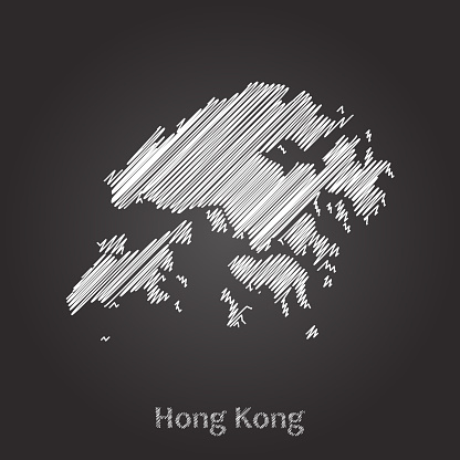 Hong Kong Map hand drawn white scribble sketch on black background. Vector illustration Eps10
