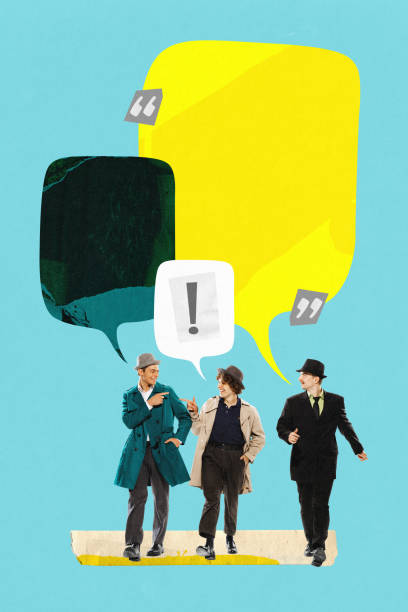 Three people, friends in stylish classical clothes walking and cheerfully talking, leading lively discussion. Contemporary art collage.