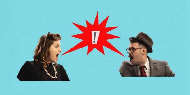 Man and woman emotionally talking, arguing, leading debate with red exclamation mark between them on blue background. Contemporary art collage.