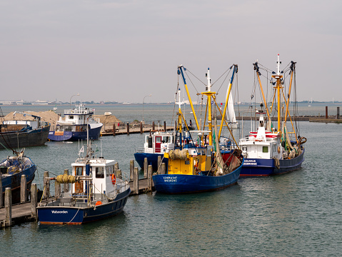 Fishing boats at jetty in harbour of Breskens along Western Scheldt river, Zeeuws-Vlaanderen, Zeeland, Netherlands