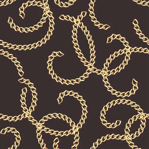 Vector illustration of Golden chains on dark background. Seamless pattern with precious metal jewelry. Vector cartoon illustration.