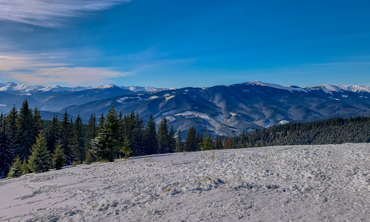 Panoramic view over Carpathian Mountains in wintertime. High quality photo