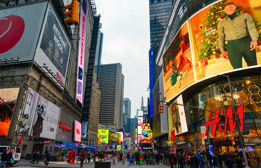 New-York, Manhattan, USA - December  04, 2019: stone jungle, on the streets of Manhattan among the skyscrapers in New York, Manhattan USA