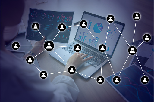 Social network Analysis. Marketing virtual icons screen concept. Illustration