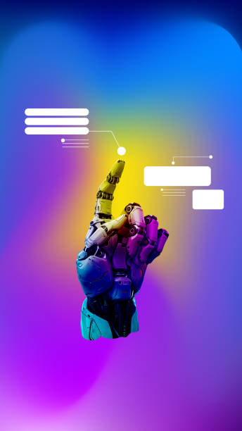 istock Colorful 3D model of robotic hand with blank communication bubbles against gradient neon background. 1980201123