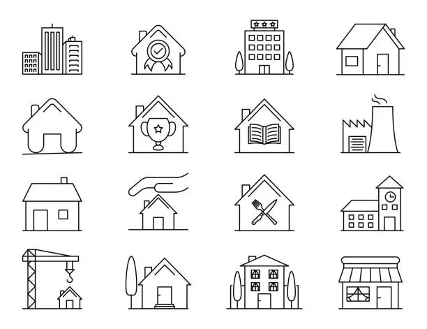 Vector illustration of Icon of house, building, hotel, construction site...