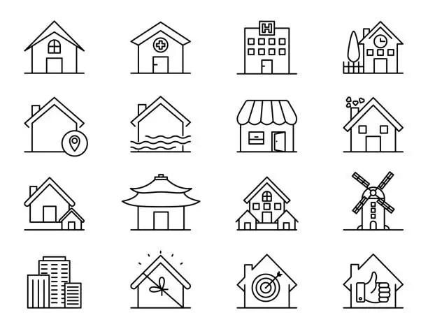 Vector illustration of Set of house and building line icon.
