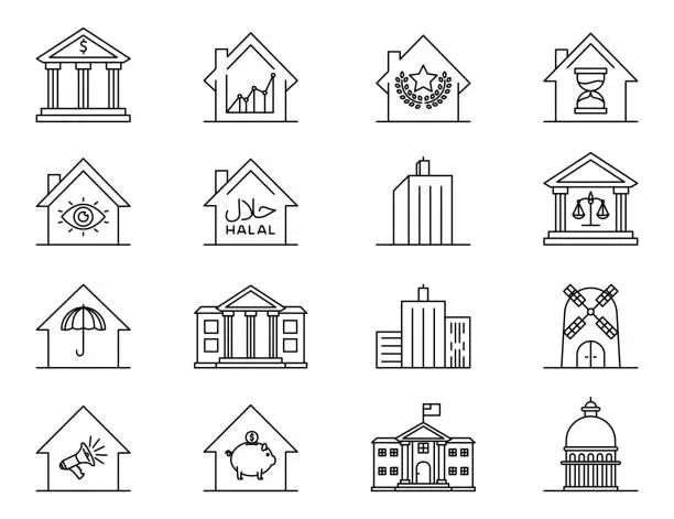 Vector illustration of Icon of house, bank, restaurant, insurance, white house...