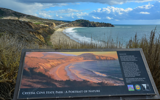 California, USA - November 29, 2019: information plate  Cristal Cove State Park, California