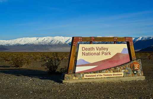 California, USA - November 29, 2019: information sign at the entrance to the Death Valley National Park, California