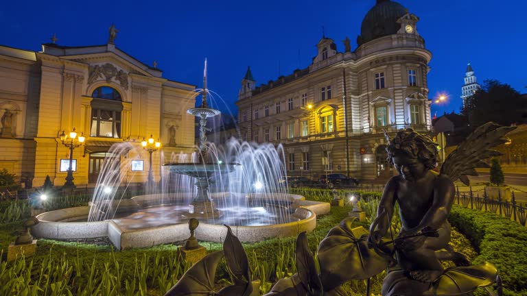 Bielsko-Biala, Poland old town fountain with Zamkowa street theatre day to night hyper lapse