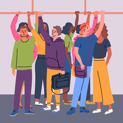 Cartoon Color Characters People Crowded Public Transport Concept Flat Design Style. Vector illustration of Persons Standing Holding Handles