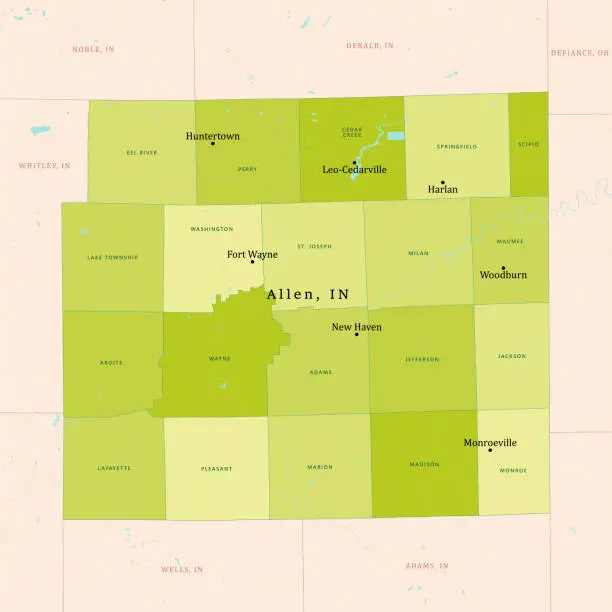 Vector illustration of IN Allen County Vector Map Green