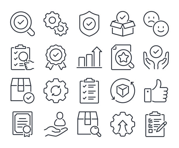 qualitätssicherung und -kontrolle bearbeitbare strichumrisssymbole isoliert auf weißem hintergrund flache vektorillustration. pixelgenau. 64 x 64 cm. - verbesserung stock-grafiken, -clipart, -cartoons und -symbole
