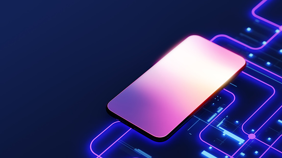 Mobile technology. Smartphone with blank screen on the digital background with glowing  abstract lines in neon lighting.