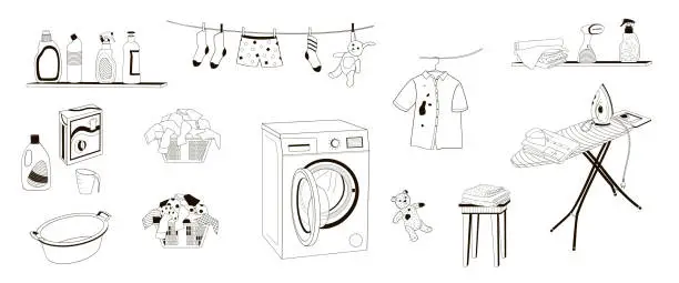 Vector illustration of set elements about laundry and ironing at home, washing machine, dirty laundry basket, ironing board, iron, detergents, clothes black and white vector illustration
