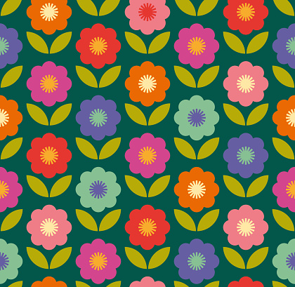 Abstract Scandinavian flower background. Seamless pattern. Modern geometric illustration in retro nordic style. Stock Illustration.