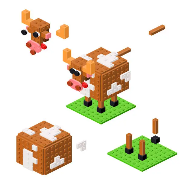 Vector illustration of Concept with brown cow made of plastic bricks. Vector