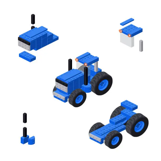 Vector illustration of Concept with blue tractor made of plastic bricks. Vector