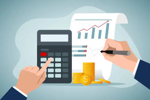 Vector illustration of Budget planning or income management, spending and expense report or investment balance sheet, debt calculation and analysis.