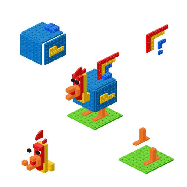 Vector illustration of Concept with colored rooster made of plastic bricks. Vector