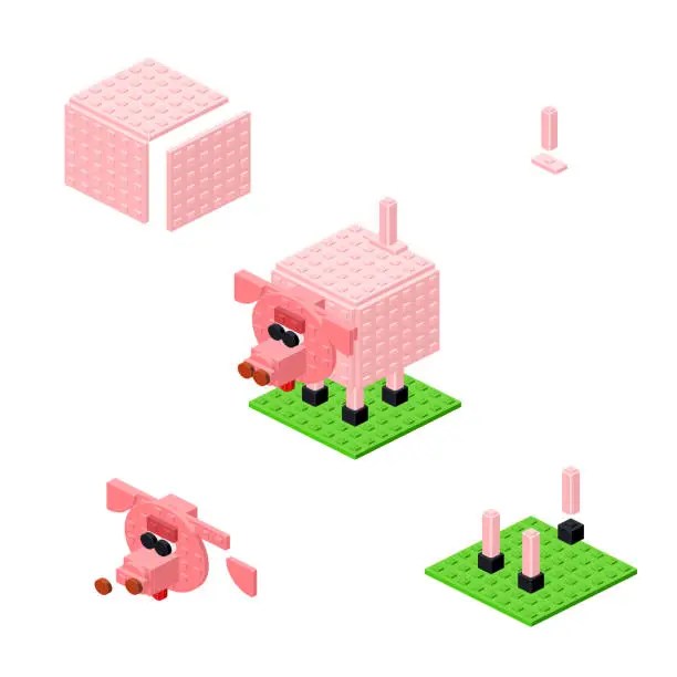 Vector illustration of Concept with pink pig made from plastic bricks. Vector