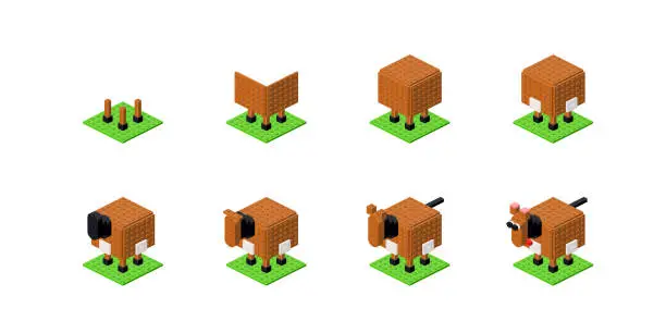 Vector illustration of Step-by-step construction of a horse from plastic blocks in isometry. Vector