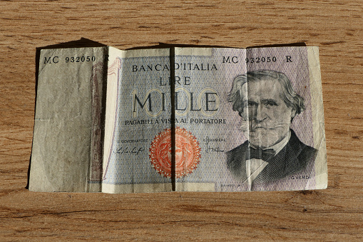 The Old 1000 lire note of the former currency Lira in Italy