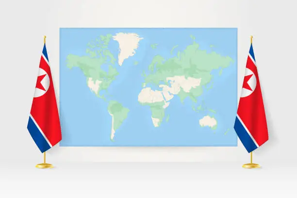 Vector illustration of World Map between two hanging flags of North Korea flag stand.