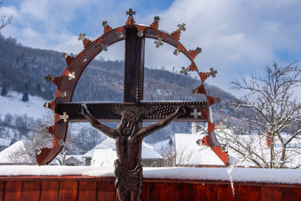 wooden crucifix in Lesu, Bistrita, Romania, January 2024