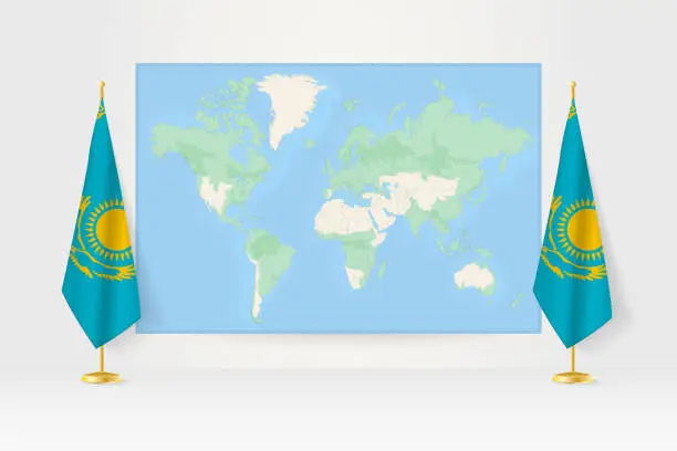 Vector illustration of World Map between two hanging flags of Kazakhstan flag stand.