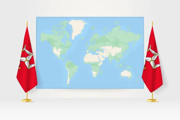 Vector illustration of World Map between two hanging flags of Isle of Man flag stand.