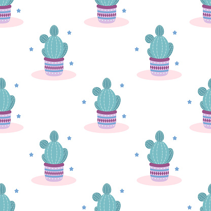 cute cactus seamless pattern, plant in pot on white background, flat vector illustration