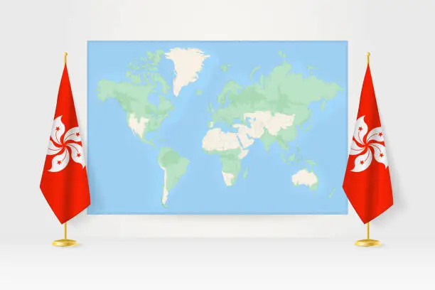 Vector illustration of World Map between two hanging flags of Hong Kong flag stand.