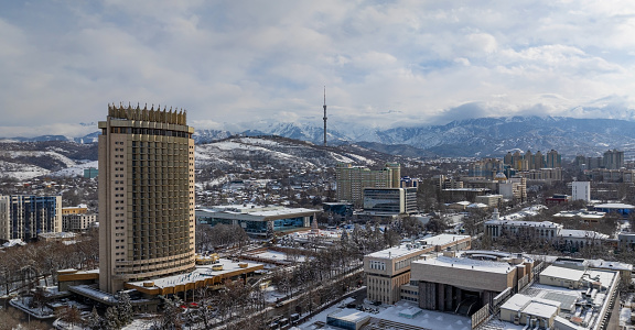 View from a quadcopter of the south-eastern part of the Kazakh city of Almaty on a winter day