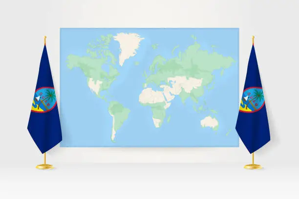 Vector illustration of World Map between two hanging flags of Guam flag stand.