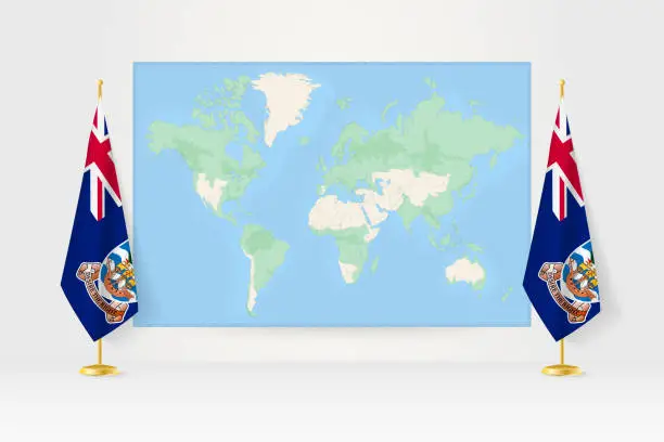 Vector illustration of World Map between two hanging flags of Falkland Islands flag stand.