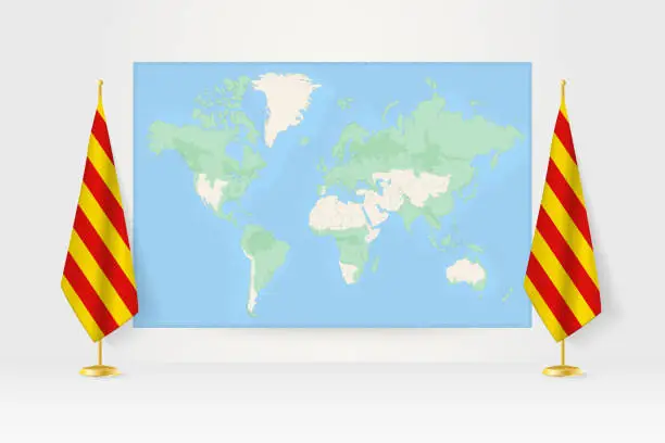 Vector illustration of World Map between two hanging flags of Catalonia flag stand.