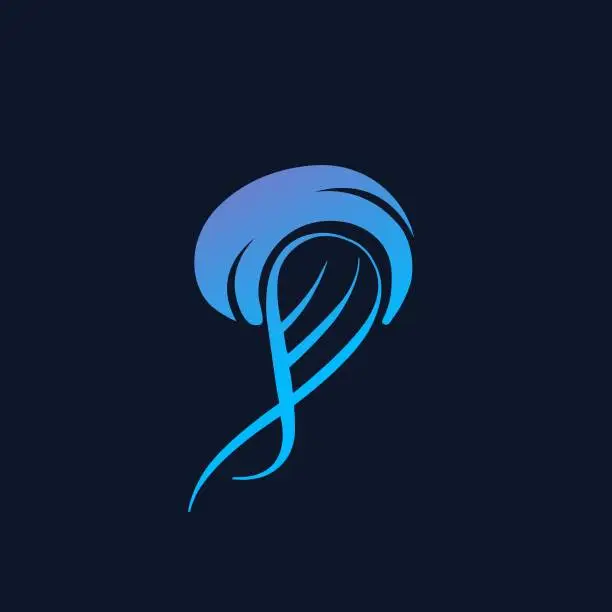 Vector illustration of Jellyfish logo. Neon blue color underwater animal. Modern medusa concept.