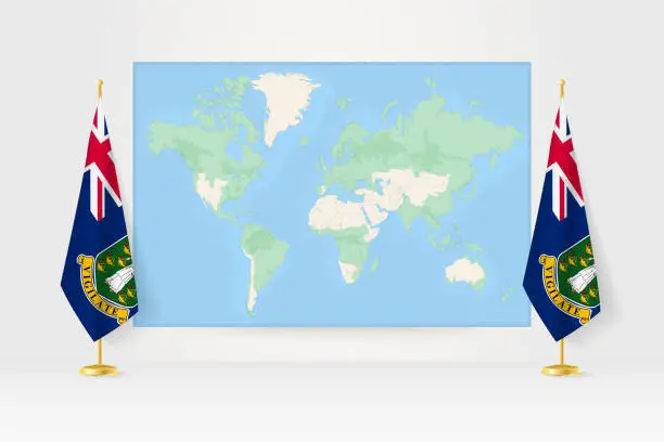 Vector illustration of World Map between two hanging flags of British Virgin Islands flag stand.
