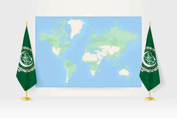 Vector illustration of World Map between two hanging flags of Arab League flag stand.