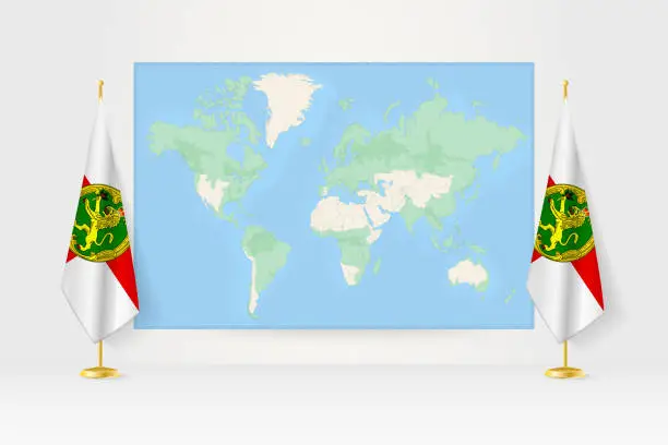 Vector illustration of World Map between two hanging flags of Alderney flag stand.