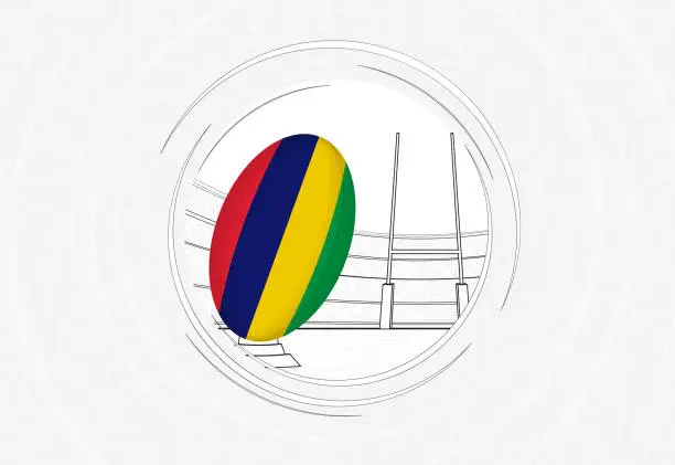 Vector illustration of Mauritius flag on rugby ball, lined circle rugby icon with ball in a crowded stadium.