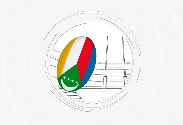 Vector illustration of Comoros flag on rugby ball, lined circle rugby icon with ball in a crowded stadium.