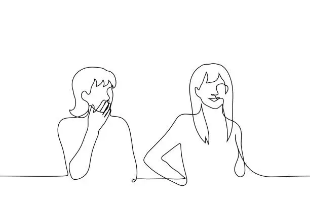 Vector illustration of woman admiring and admiring another smiling woman - one line drawing vector. concept girl crush for woman, lesbian in love, envy or jealousy for someone else's beauty or success and achievements