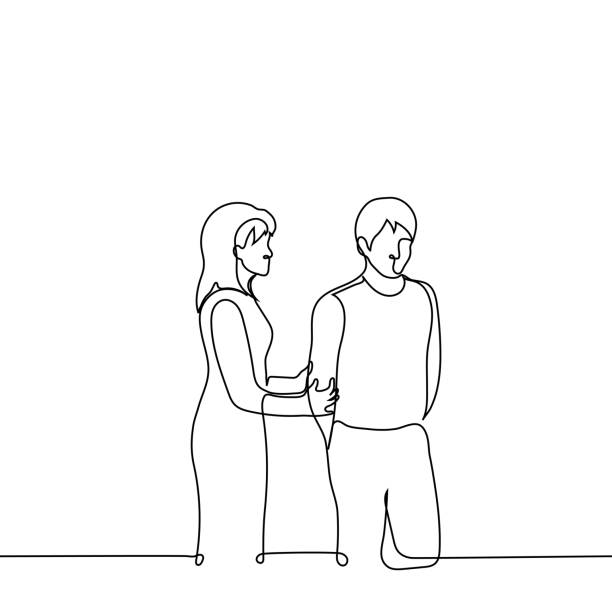 ilustrações de stock, clip art, desenhos animados e ícones de woman addresses man by holding or stopping him by the hand and  man refuses her by hiding hands behind his back - one line drawing vector. concept  woman rejected by man; to persuade; convince or ask for forgiveness - persuasion pleading men women