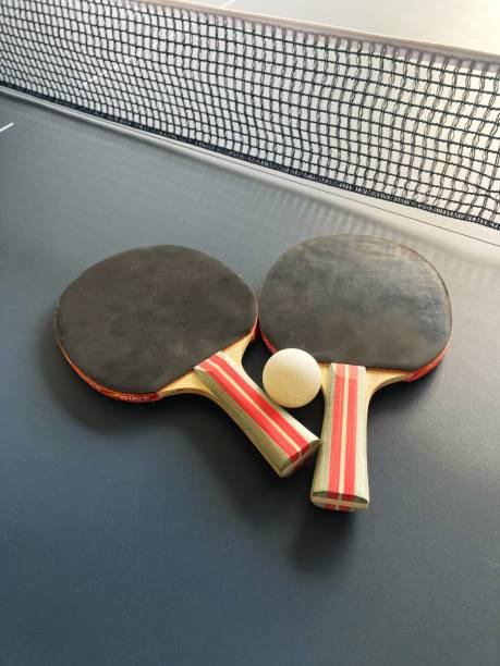 Smiling man and woman stand beside a ping pong table, paddles in hand, ready to engage in a friendly match in an indoor sports facility
