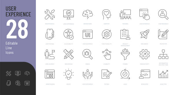 bildbanksillustrationer, clip art samt tecknat material och ikoner med user experience line editable icons set. - webbdesign