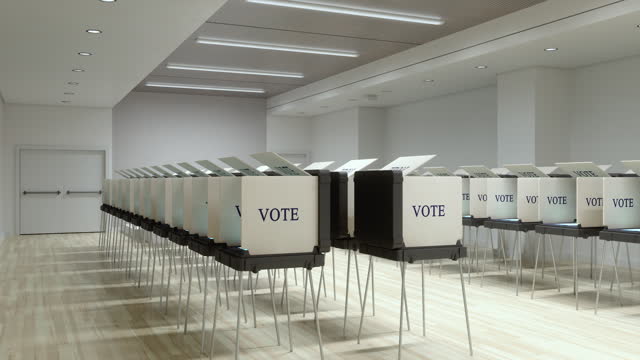 Empty Room With Electronic Voting Machines For Election Day